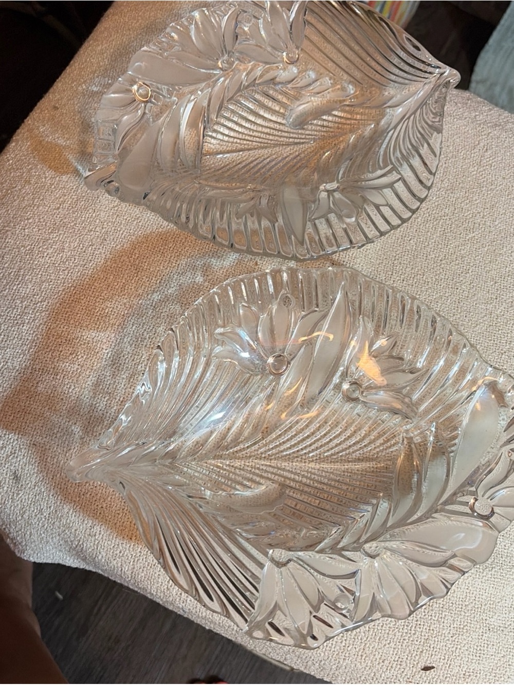 Pair of Vintage Mikasa Capriccio Clear Crystal 10" Leaf Platters Frosted Floral